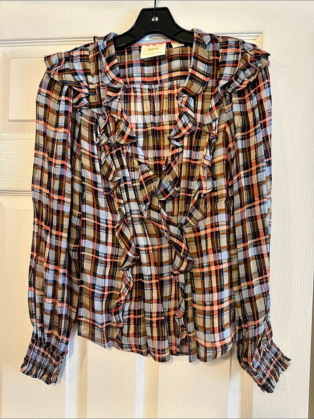 Maeve Plaid Ruffle Blouse in Orange & Blue Size Medium Like New
